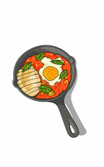 Fried eggs with tomato and avocado sauce in an iron cast pan for breakfast 