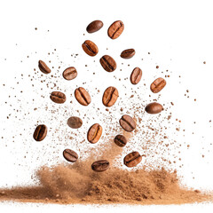 Obraz premium Roasted coffee beans exploding upwards with powdered coffee isolated on transparent background