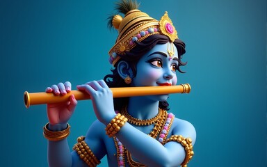 Krishna playing the flute, blue background, Generative AI 1. High quality