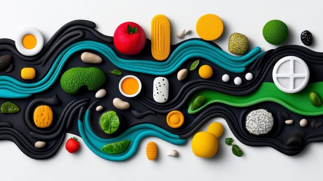 A vibrant arrangement of colorful food ingredients beautifully laid out on a dark background, showcasing culinary creativity and artistry.