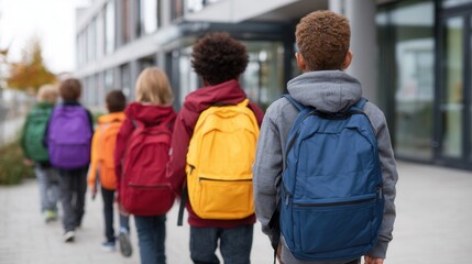 Obraz premium Diverse group of children walking to school with backpacks in urban setting.