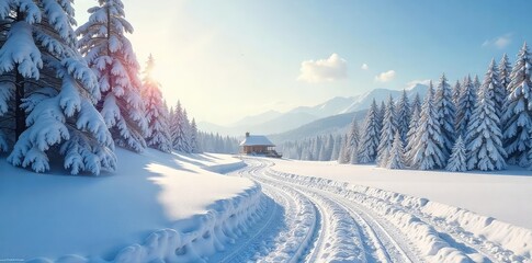 A pristine, snow-covered landscape lies still under the hushed quiet of a January morning The air is crisp, the sun low, casting long shadows across the untouched expanse , calm, frozen