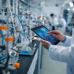 Scientist Using Digital Tablet Amidst Laboratory Glassware in Modern Research Facility

