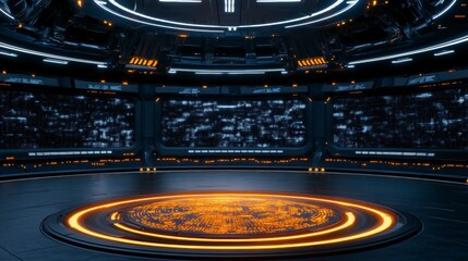 Futuristic empty digital control room with glowing holographic interface and high-tech screens displaying data