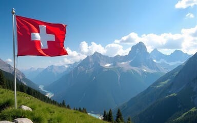 Swiss flag and mountain range on a sunny summer day with blue sky and clouds. Confederation Day is a national holiday in Switzerland. High quality