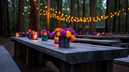 Beautifully arranged flower centerpieces illuminate a rustic outdoor dining setup with string lights in a forest setting