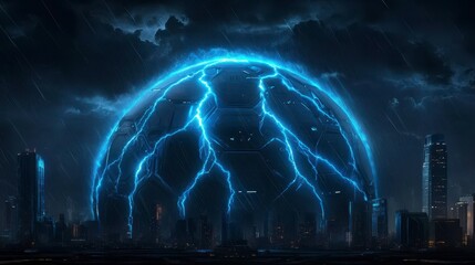 An electrifying futuristic cityscape under a stormy sky with a massive glowing shield emitting blue lightning bolts