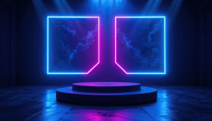 Futuristic neon stage with glowing rectangular frames and podium