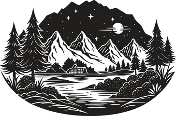 Mountain landscape silhouette with trees and mountain range, wild nature scene vector, outdoor adventure design, pine forest horizon, hiking and camping background illustration