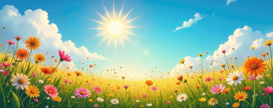 A vibrant sun shines down on a field of wildflowers, radiating joy and carefree energy Perfect for illustrating themes of happiness, optimism, and the beauty of nature , nature, light, tranquility