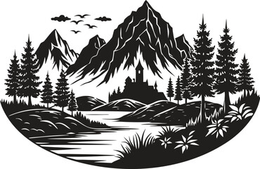 Mountain landscape silhouette with trees and mountain range, wild nature scene vector, outdoor adventure design, pine forest horizon, hiking and camping background illustration