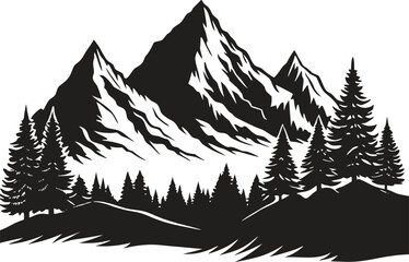 Mountain landscape silhouette with trees and mountain range, wild nature scene vector, outdoor adventure design, pine forest horizon, hiking and camping background illustration