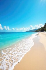 Fototapeta premium Bright sunny day at the beach, waves gently lapping the shore, clear blue sky, summer vacation vibes, perfect for relaxation and escape , sun rays, umbrella, clear