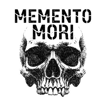 memento mori skull in stipple effect design, retro grunge halftone, creepy Halloween illustration