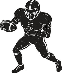 American football player silhouette with ball, dynamic athlete pose vector, sporty action graphic, black flat figure illustration, team game concept, bold minimal football icon design