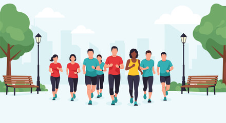 Diverse group of people jogging together in a beautiful city park during the day