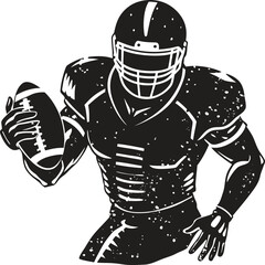 American football player silhouette with ball, dynamic athlete pose vector, sporty action graphic, black flat figure illustration, team game concept, bold minimal football icon design