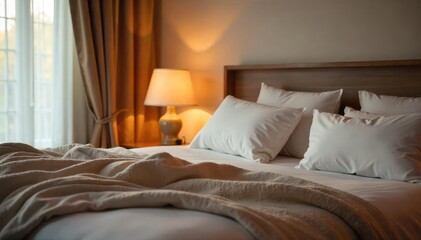 Close-up of a warm, inviting, and cozy bedroom interior featuring a neatly made bed with soft bedding, a nightstand with a lamp, and a comforting overall atmosphere , healing, sanctuary