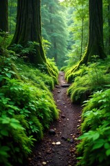 Obraz premium Emerald moss, ferns, & lush undergrowth on Pacific Northwest trail, hiking, summer