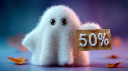 Cute Ghost Plush Holding 50% Discount Card with Autumn Leaves in Halloween Sale Concept