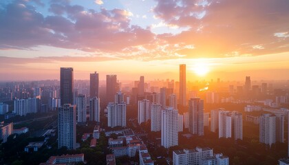 Fototapeta premium Vibrant Sunrise Over Modern City Urban Skyline at Dawn