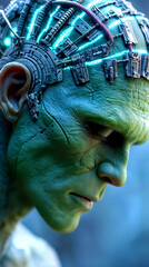 Cybernetic Human: Futuristic Green Android with Advanced Neural Implants and Circuitry