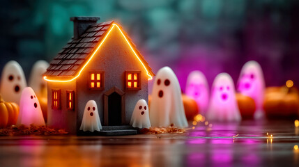Spooky Halloween Scene with Glowing Haunted House and Ghosts in a Festive Atmosphere
