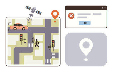 Satellite tracking car and pedestrian on roads with traffic lights and GPS pin. Error popup highlights navigation issues. Ideal for GPS, safety, infrastructure, city planning, technology, navigation
