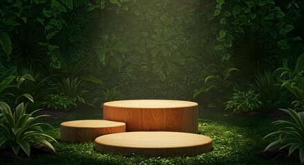 Single Large Wooden Product Podium in Dark Lush Jungle with Mystical Light Rays