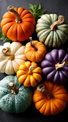 Colorful Variety of Pumpkins Displayed on Dark Background for Autumn Decor