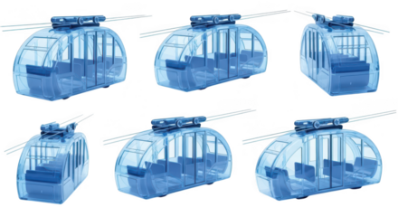 Transparent cable car models isolated on white background showcasing interior design and movement useful for architectural or technical illustrations