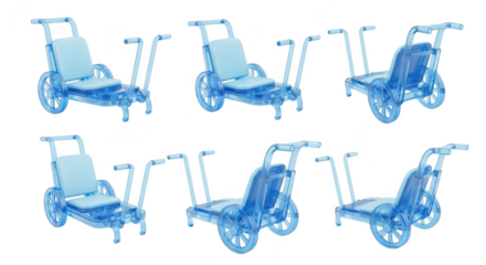 Transparent wheelchairs arranged on white background illustrating medical device concept & product design representing disability aids
