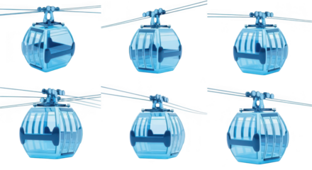 Rendered six-panel image of a sky lift or gondola cart moving against white background for travel transportation and tourism concepts