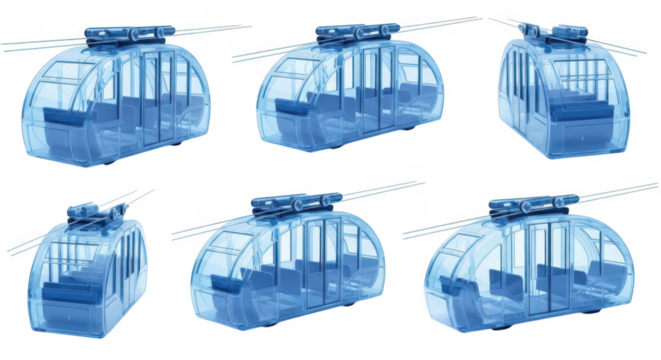 Transparent cable car models isolated on white background showcasing interior design and movement useful for architectural or technical illustrations