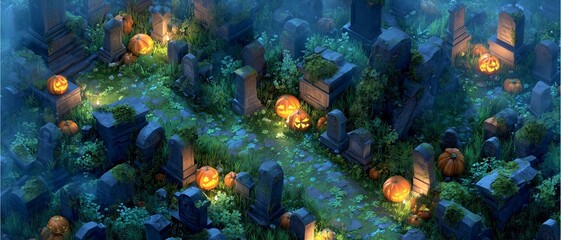 Naklejka premium Halloween graveyard with glowing pumpkins, spooky Halloween graveyard with glowing pumpkins, digital illustration Halloween graveyard with glowing pumpkins 