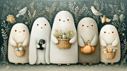 Whimsical Forest Ghosts Holding Baskets and Nature Elements in a Serene Woodland Scene