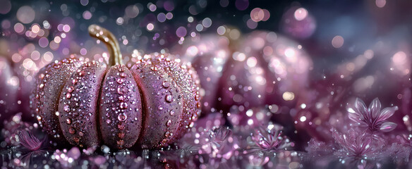 Enchanted Purple Pumpkin with Dewdrops and Glittering Bokeh in Mystical Setting, banner