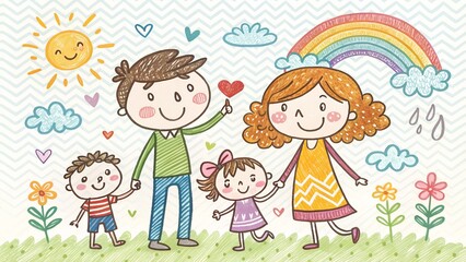 Happy family walks under a sunny sky with a rainbow; Dad points to a heart above them, kids and Mom hold hands in a cartoon style walking, cartoon, happy, father, mother, son, daughter, kids, love, he