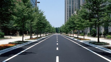 Fototapeta premium Urban street lined with trees, stretching into distance