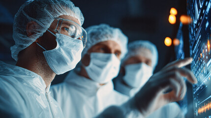 Medical professionals in protective gear analyzing digital data on a screen in a high-tech laboratory setting.