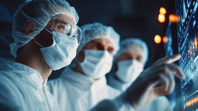 Medical professionals in protective gear analyzing digital data on a screen in a high-tech laboratory setting.