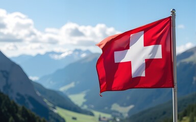 Flag of Switzerland with mountains on background. Panorama landscape with waving red Swiss flag. Swiss National Day. Travel, vacation and tourism concept. High quality