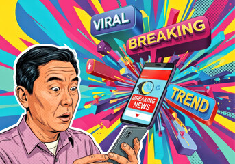 Surprised Man Reacts to Viral Breaking News on Smartphone: Trendy Pop Art Style Illustration