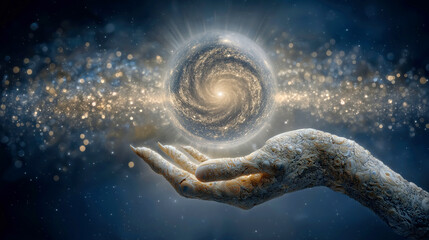 Surreal Cosmic Orb Held by Intricate Metallic Hand Amidst Glittering Stardust in Mystical Universe