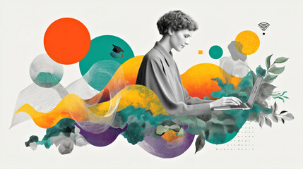Abstract Concept of Online Learning with Woman Using Laptop Amidst Vibrant Artistic Elements