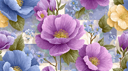 Seamless vintage flower, Pastel vintage floral fabric featuring a flower patch design, perfect for textile design, crafts, and creative projects.