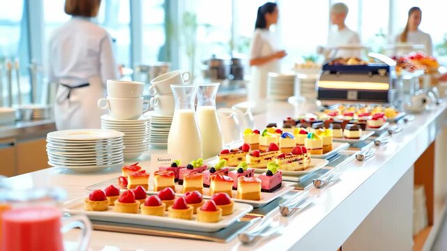 A food buffet at a hotel or restaurant with people. A 4K video showing a catering service with delicious desserts for a party or event.
