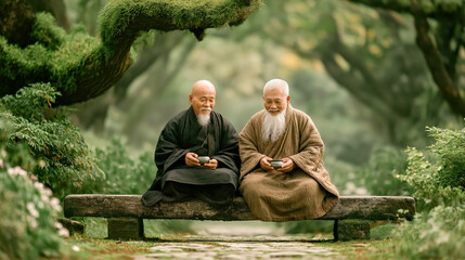 Serene Monks Meditating on a Bench in Tranquil Japanese Garden Setting