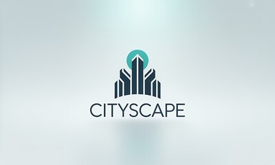 Fototapeta premium Minimalist Cityscape Logo with Buildings and Sun on Light Background