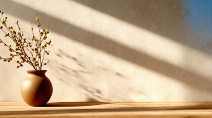 An artfully styled vase holding delicate twigs is placed on a wooden surface, illuminated by natural light that creates beautiful shadows against a warm wall.